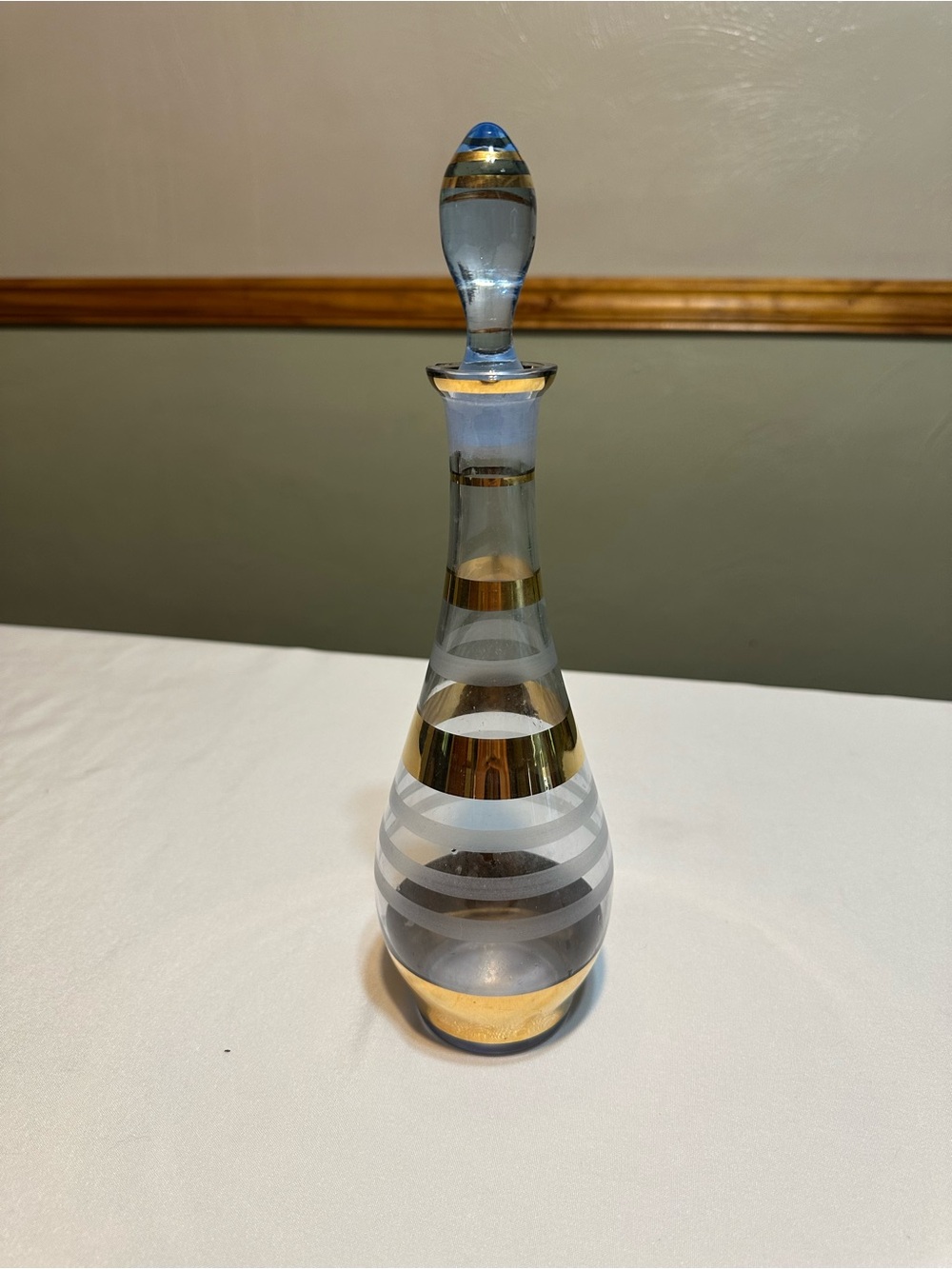 Vintage blue Glass Decanter with Frosted and Gold Stripe Accents - Blue